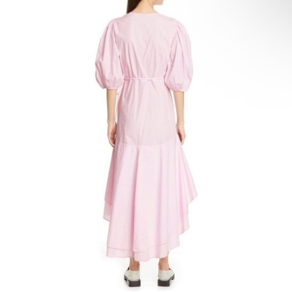 GANNI Wrap Midi Pastel Pink Poplin Floral Cherry Blossom Puff Sleeve Dress - Picture 3 of 8